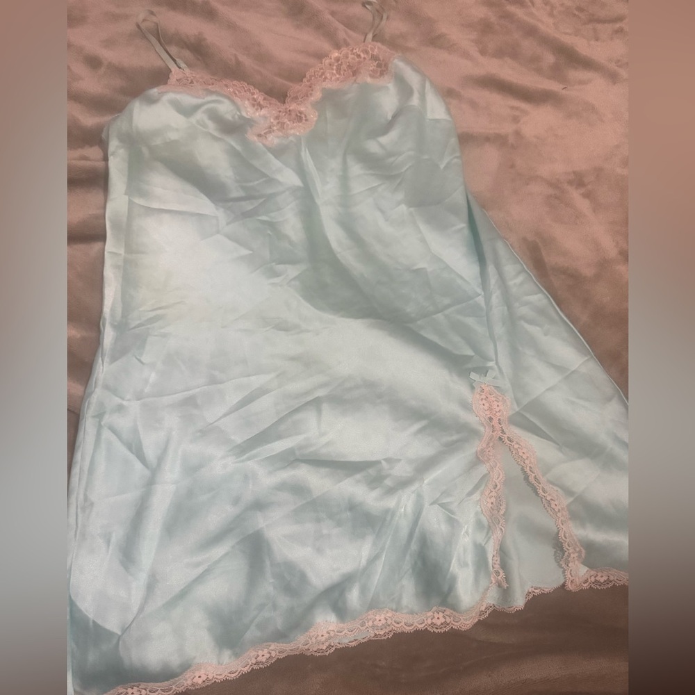 Victoria Secret Satin Light Blue Lace Trim Nightgown